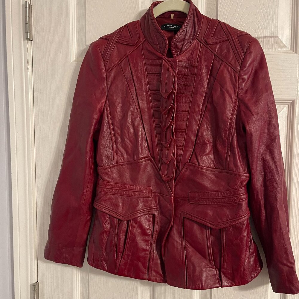 Designer Elie Tahari Burgundy Deep Red Lamb Leather Snap Front Jacket Size Small